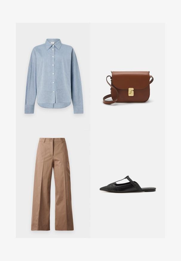 Fénykék gombos ing könnyű anyagból, hegyes gallérral, hosszú ujjakkal és ívelt szegéllyel. Klasszikus gomb részletek.; Barna, bőszárú nadrág sima anyagból, elülső gombos zárással, két elülső zsebbel és tiszta, szabott vonalakkal.; Fekete bőr slingback cipő hegyes orral, szőtt díszítéssel és redőzött felső dizájnnal. Lapos talp minimális hardverrel.; Barna bőr kézitáska, hajtókás zárással, arany színű fém kiegészítőkkel, vállpánttal és sima felülettel. Kompakt téglalap alakú.