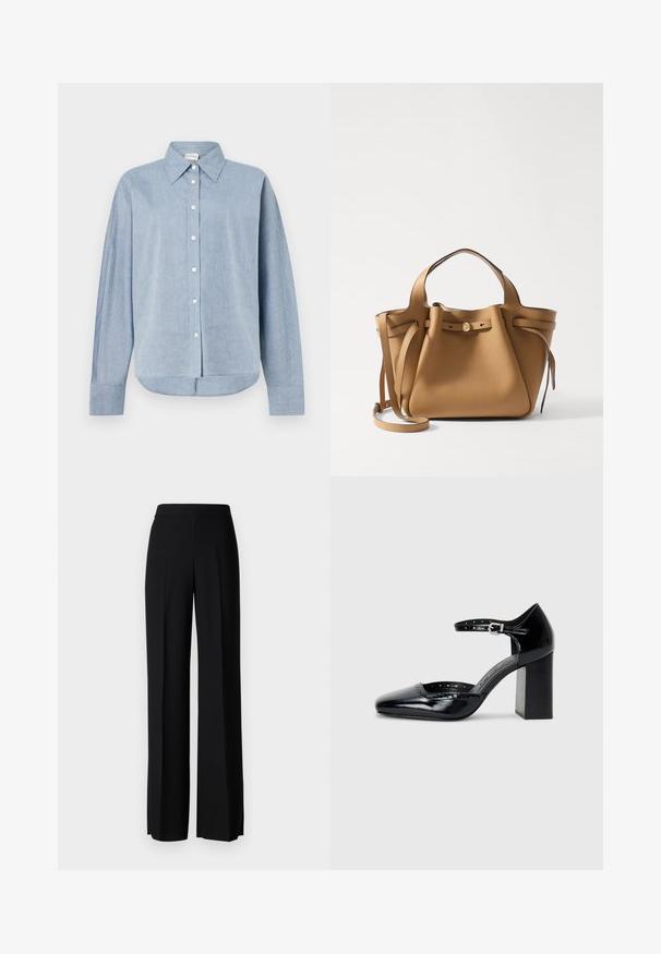 Jasnoniebieska koszula zapinana na guziki z lekkiego materiału, z kołnierzykiem, długimi rękawami i zaokrąglonym dołem. Klasyczne detale guzikowe.; Czarne spodnie o szerokim kroju, o gładkiej fakturze, z wysokim stanem i centralnymi kantami. Brak widocznych wzorów lub detali metalowych.; Czarne lakierowane szpilki z kwadratowym noskiem, paskiem na kostkę i masywnym obcasem. Zawierają perforowane detale na krawędzi.; Tory Burch ROMY wielbłądzi