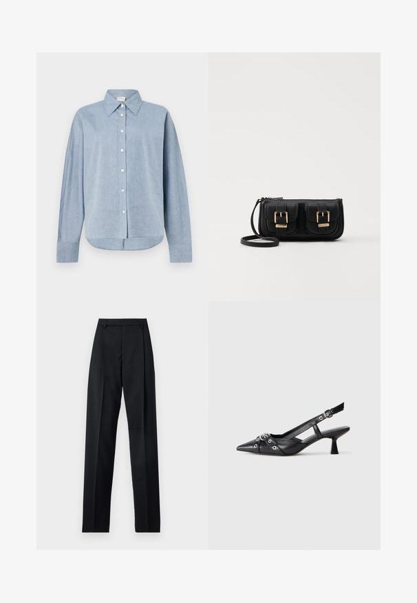 Camisa de botones azul claro en tejido ligero, con cuello puntiagudo, mangas largas y dobladillo curvado. Detalles clásicos de botones.; Pantalones negros de tela suave con cintura alta, piernas amplias, pliegues frontales y lazos de cinturón clásicos. No hay bolsillos laterales visibles.; Zapato de slingback negro de piel con punta afilada, correas decorativas con ojales de metal y un tacón bajo y ancho. Superficie texturizada.; Bolso cruzado de cuero negro con dos bolsillos frontales, hebillas doradas, cierre de cremallera y una correa delgada. Superficie texturizada y forma rectangular compacta.