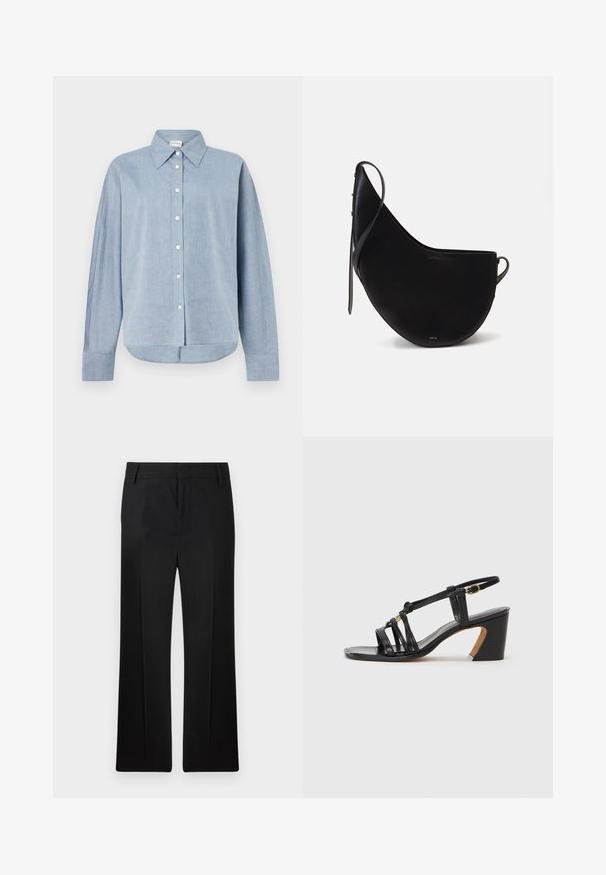 Fénykék gombos ing könnyű anyagból, hegyes gallérral, hosszú ujjakkal és ívelt szegéllyel. Klasszikus gomb részletek.; Fekete nadrág, egyenes szárú dizájn, sima anyagból készült. Diszkrét elülső hajtással és lapos derékkal rendelkezik, övhurkokkal.; Paul Smith AMIRA - Klasszikus sarkú cipők - black; Fekete bőrtáska, ívelt holdformával, vékony pánttal és diszkrét arany logóval az elején. Simára kidolgozott felület minimális fémalkatrészekkel.