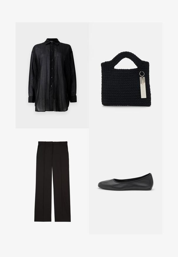 Juodas ilgomis rankovėmis marškinis su sagų apykakle, pagamintas iš lengvos, tekstūruotos medžiagos ir turintis vertikalių juostų raštą.; Juodos pritaikytos kelnės, pagamintos iš lygaus audinio, su tiesiomis kojomis ir dviem šoniniais kišenėmis. Elegantiška ir minimalistinė konstrukcija.; Juodai odiniai baletai su apvaliu pirštu, lygi texture, minimalus siuvimo detales ir lanksčiu padų dizainu.; Won Hundred MARSIELLE COMPUTER BAG UNISEX - Nešiojamojo kompiuterio krepšys - black