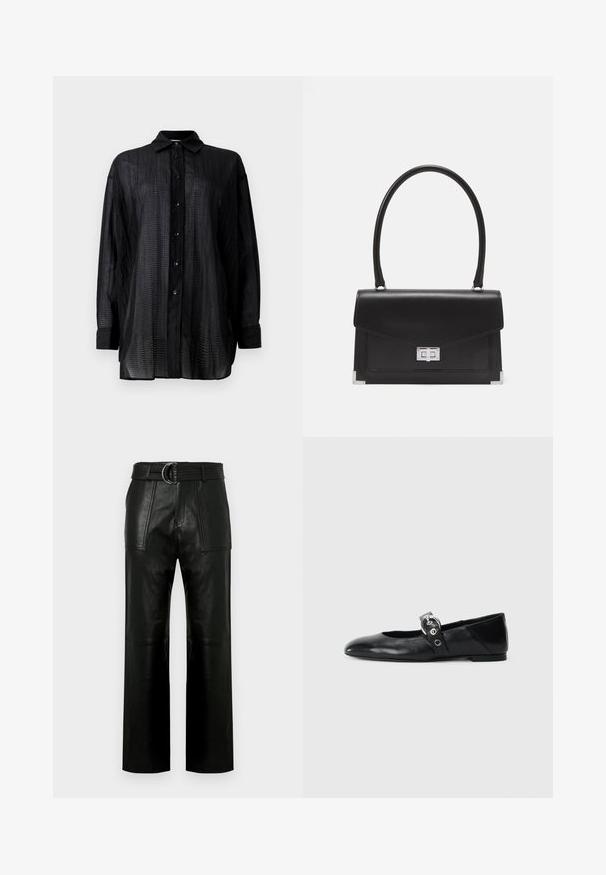 Black long-sleeve shirt with a button-down collar, featuring a lightweight, textured fabric and vertical stripe pattern.; High-waist black leather pants with wide legs, large front patch pockets, and a matching belt with double-ring buckle.; Black leather ballet flats with a pointed toe, featuring a strap with a circular metallic buckle and a flat sole.; Black leather handbag with a structured design, a top handle, and a silver clasp. Features corner accents and smooth texture.