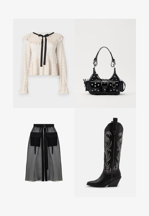 Top bej din dantelă cu guler ondulat și mâneci lungi. Prezintă o fundiță neagră la decolteu și un tiv peplum evazat.; Fustă neagră transparentă cu un talie plisată, având două buzunare mari în față, un cordon pentru talie și un accent metalic circular.; Bocanci de cowboy din piele neagră, cu vârfuri ascuțite, toc wedge și modele florale brodate cu fir argintiu de-a lungul tijei. Cusături în contrast pe întreaga suprafață.; Geantă de piele neagră cu un design curbat, dotată cu studuri argintii, o cataramă și două buzunare laterale. Curea ajustabilă pentru opțiuni de transport.