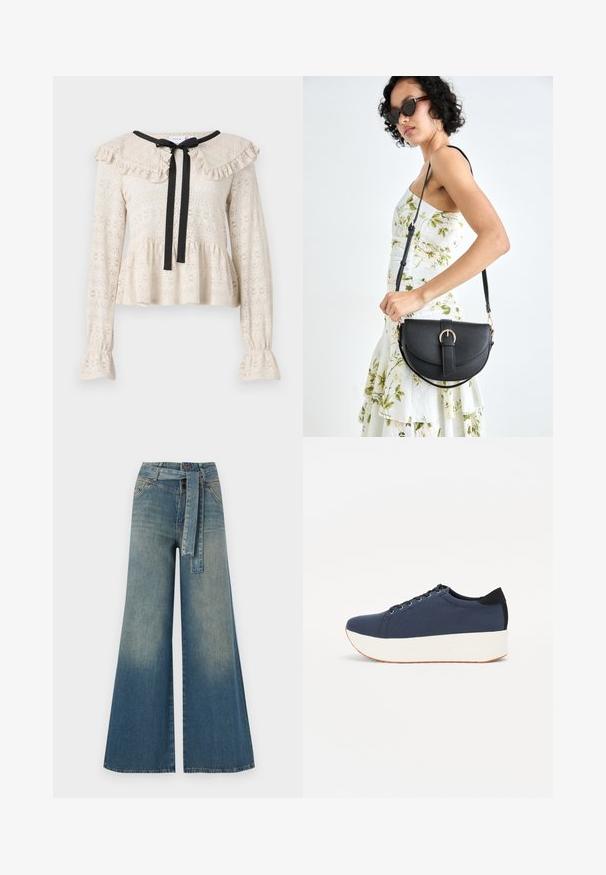 Bežový čipkovaný top s volánovým golierom a dlhými rukávmi. Má čiernu mašľu pri výstrihu a rozšírený peplum lem.; Džínsy s širokými nohavicami, ktoré majú prechod od svetlomodrej po tmavomodrú, vysoký pás, pútka na opasok a opasok z rovnakého materiálu. Textúrovaný denimový povrch.; Námornícky modré tenisky s textúrovaným textilným zvrškom, bielou platformovou podrážkou, zaoblenou špičkou a čiernym akcentom na päte. Obsahujú šesť otvorov na šnúrky.; Čierna kožená kabelka s zaobleným tvarom, odnímateľným popruhom a zlatými doplnkami. Kabelka má klopu s detailom s prackou.