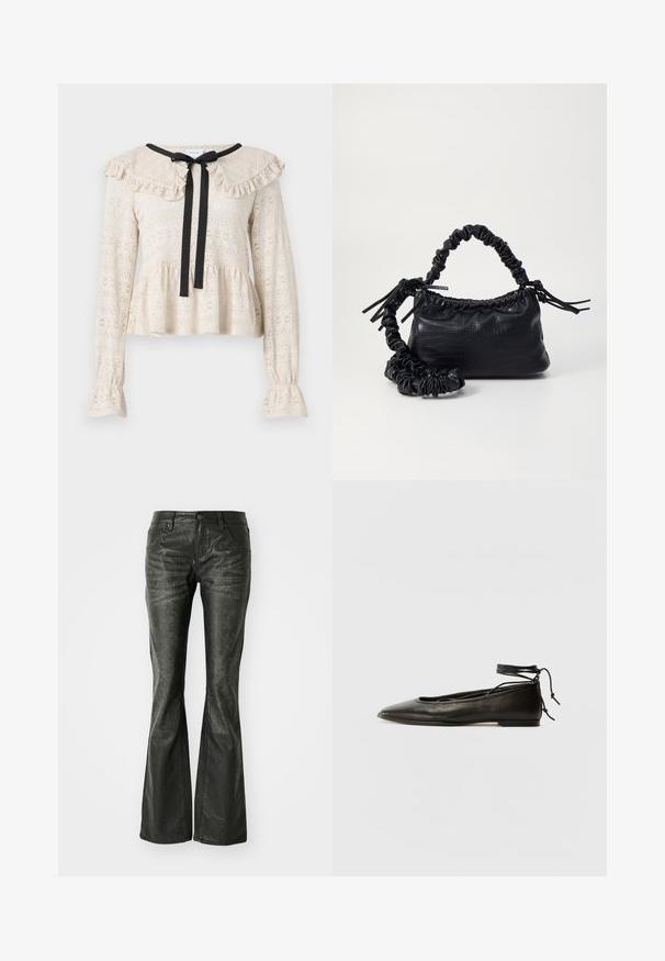 Beige lace top with a ruffled collar and long sleeves. Features a black bow at the neckline and a flared peplum hem.; Black faux leather flared jeans with front pockets, a metal button closure, and a slightly textured surface. Straight leg with a long cut.; Black leather ballet flats with a pointed toe, ankle tie, and flat sole, featuring a smooth texture and minimalistic design.; Black faux leather handbag with a crocodile texture, cinched top, and a scrunched strap. Appears soft and compact in design.