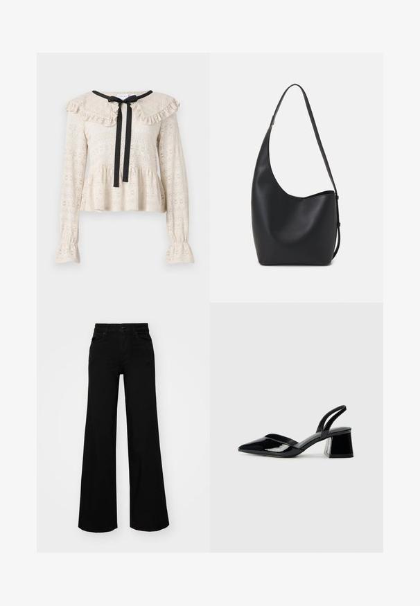 Haut en dentelle beige avec un col volanté et des manches longues. Présente un nœud noir au niveau du col et un ourlet péplum évasé.; Pantalons large en denim noir, dotés d'une taille structurée, de passants de ceinture et de poches avant. Texture lisse avec un design classique.; Escarpins en cuir verni noir avec bout pointu et talon bloc géométrique. Présente un design élégant et minimaliste ainsi qu'une texture lisse.; Sac hobo en cuir noir avec une texture lisse, une forme incurvée et une seule sangle réglable ; dispose d'une large ouverture en haut.