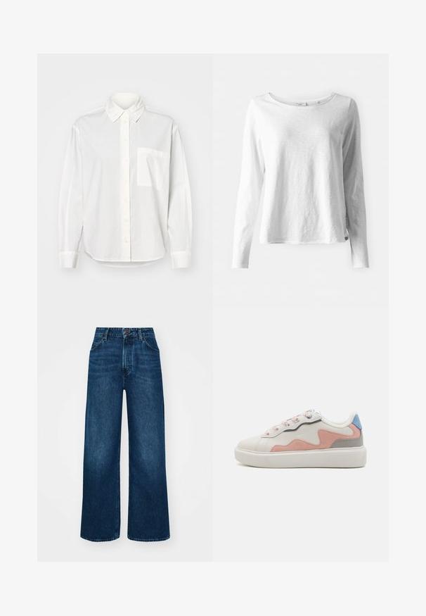White long-sleeve shirt with a button-down collar, front button closure, and a left chest pocket. Made of smooth fabric with a relaxed fit.; Long-sleeve white T-shirt in soft, lightweight fabric; features a round neck and slightly relaxed fit; tag visible on the side.; High-waisted, wide-leg jeans in dark blue denim with a smooth texture, contrast stitching, and five-pocket design. Front button closure.; Low-top sneakers with a white synthetic upper, pink and gray suede accents, textured white rubber sole, and colorful laces.