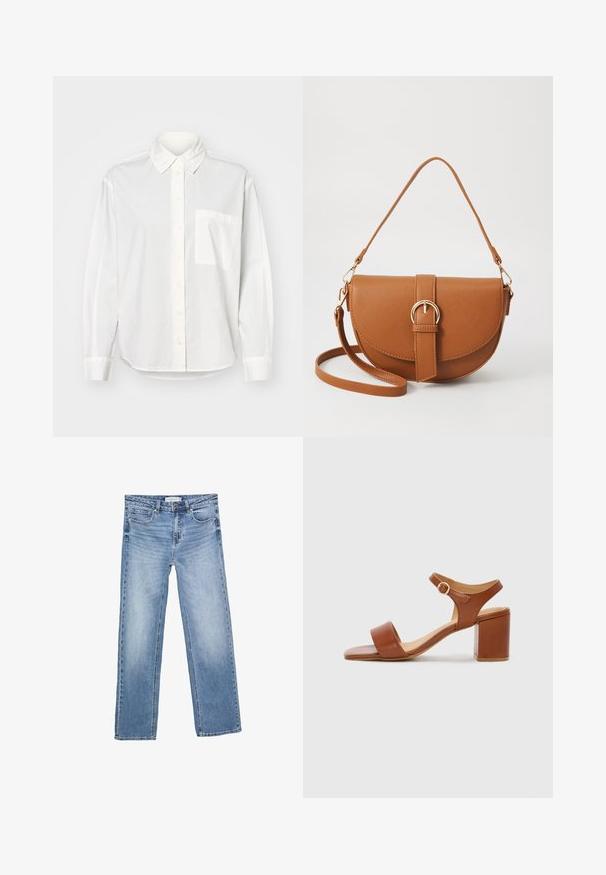 Bela srajca z dolgimi rokavi in gumbastim ovratnikom, sprednjim zapiranjem na gumbe in žepom na levi strani prsnega dela. Narejena iz gladkega materiala s sproščenim krojem.; Modre kavbojke ravnega kroja, z blagim pranjjem, petimi žepi in klasičnim gumbom. Iz bombažnega materiala z opaznim šivom.; Rjave kožne sandale s peto, kvadratnim prstom, nastavljivim naramenicama in blok peto. Gladka tekstura in minimalni oblikovni elementi.; Rjava usnjena torbica prek telesa s ukrivljeno obliko, zlate opreme in sponko. Ima odstranljiv naramni trak.