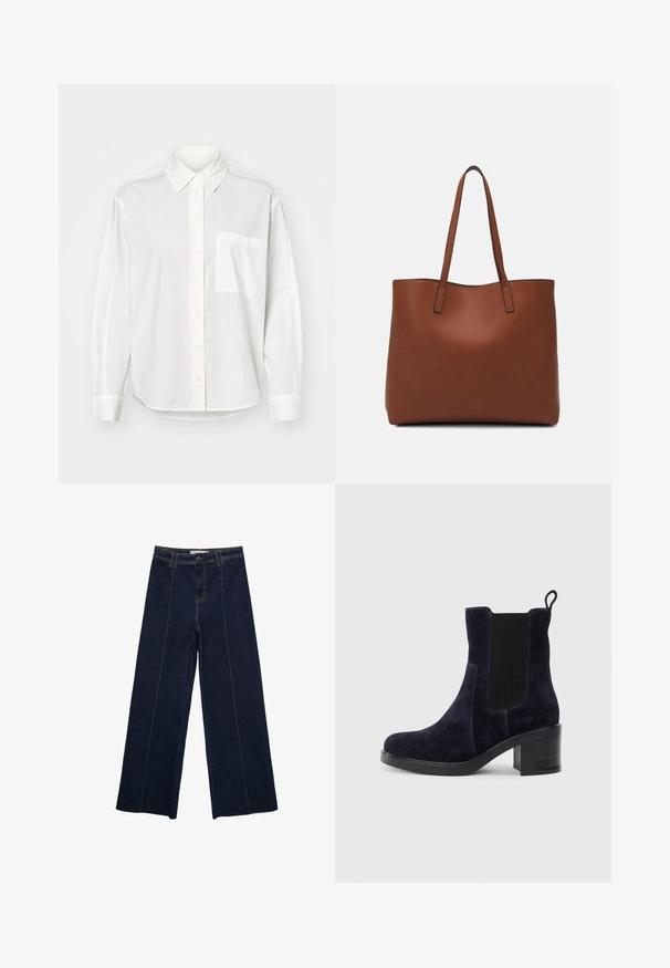 White long-sleeve shirt with a button-down collar, front button closure, and a left chest pocket. Made of smooth fabric with a relaxed fit.; Wide-leg dark denim trousers with contrast stitching, high waist, and a straight cut. Features front pockets and a classic button closure.; Navy blue suede ankle boot with elastic side panel, rounded toe, and block heel. Textured fabric and smooth sole add contrast.; Brown leather tote bag with a smooth texture, open top design, and two shoulder straps. Features minimal stitching and no visible hardware.