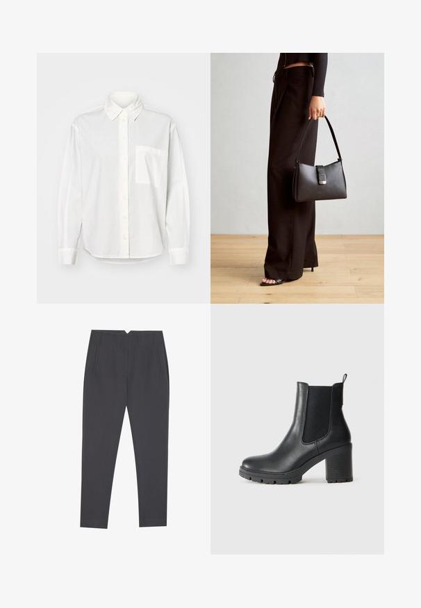 White long-sleeve shirt with a button-down collar, front button closure, and a left chest pocket. Made of smooth fabric with a relaxed fit.; Dark gray tapered trousers with side pockets and front pleats, designed for a tailored fit.; Black leather ankle boot with elastic side panels, chunky rubber sole, and a high block heel. Features a pull tab on the back.; Black handbag with structured shape, smooth texture, and a metallic clasp. Paired with wide black pants and open-toe sandals on wooden floor.