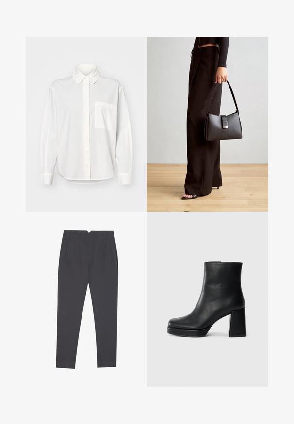 Bílá košile s dlouhým rukávem, se zapínáním na knoflíky na límci, předním knoflíkovým zapínáním a kapsou na levé hrudi. Vyrobena z hladkého materiálu s uvolněným střihem.; Tmavě šedé zúžené kalhoty s bočními kapsami a předními sklady, navržené pro přiléhavý střih.; Černý kožený kotníkový bot s blokovým podpatkem a platformou, viděný z boku na jednoduchém bílém pozadí.; Černá kabelka se strukturovaným tvarem, hladkým povrchem a kovovým uzávěrem. Kombinována s širokými černými kalhotami a sandály s otevřenou špičkou na dřevěné podlaze.