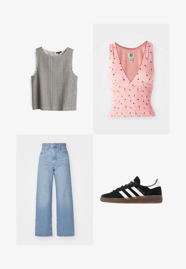 Sleeveless top in black and white vertical stripes, featuring a round neckline and a relaxed fit. Made of textured fabric with a smooth finish.; Pink sleeveless top with a V-neck, featuring smocked detailing and a floral print. Small red flowers are scattered on a polka dot background.; Light blue high-waist wide-leg jeans with front button and zip closure, front and back pockets, on a white background.; Black Adidas sneaker with white stripes, gold "Spezial" text, gum sole, and white heel tab, shown in profile view.