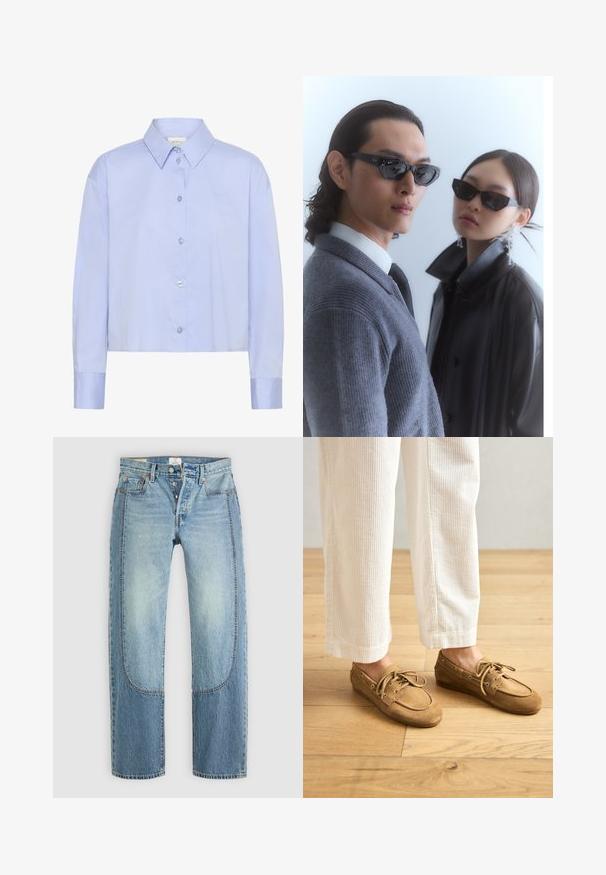 Camisa azul clara cropped com botões, gola, mangas longas e botões transparentes. Detalhe sutil do logo no peito.; Calças de ganga de denim azul claro com um corte straight e solto, apresentando detalhes em painel contrastantes e um design de cinco bolsos. Fecho de botão.; Sapatos de barco em camurça castanha com atacadores, apresentando um bico arredondado e detalhes cosidos. Usados com calças brancas em corduroy num ambiente de madeira.; Óculos de sol com armações pretas angulares em modelo com um suéter cinza, destacando um tricot texturizado e uma jaqueta de couro preta usada por outro modelo.