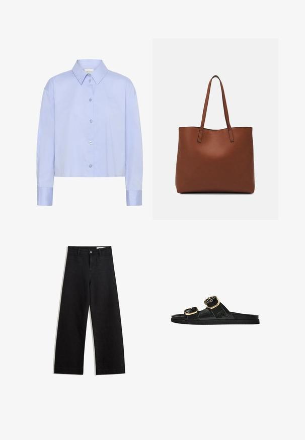 Svetlo modra krojena srajca na gumb z ovratnikom, dolgimi rokavi in prozornimi gumbi. Nežno logo na prsih.; Črne široke denim hlače z visokim pasom, ki imajo sprednje in zadnje žepe, šivane šive ter gumbasto zapiranje. Gladka tekstura.; Črne drsne sandale z dvema zlatima zaponkama, gladkega materiala, ravnim podplatom in minimalističnim dizajnom.; Rjava usnjena torba z gladko teksturo, odprto zasnovo zgoraj in dvema naramnima trakovoma. Opremljena je z minimalnim šivanjem in brez vidnih kovinskih delov.