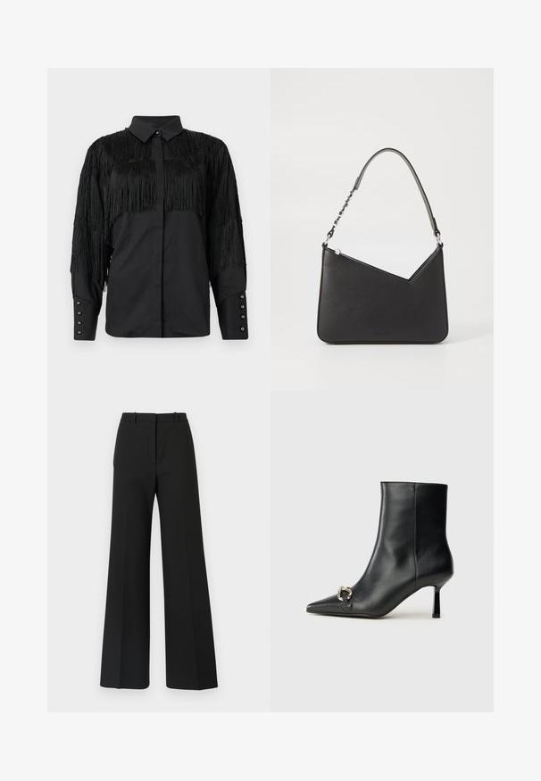 Black blouse featuring fringed accents across the shoulders and back, with a button-up front and long sleeves. Pearl-like buttons at cuffs.; Black wide-leg trousers with a tailored design, featuring a smooth texture and subtle pleats at the front. No visible hardware or patterns.; Black leather ankle boot with pointed toe, slim mid-height heel, and silver buckle detail on side against plain background.; Black leather handbag with a triangular shape, a slim strap, and silver hardware. Features a zip closure and embossed logo on the front.