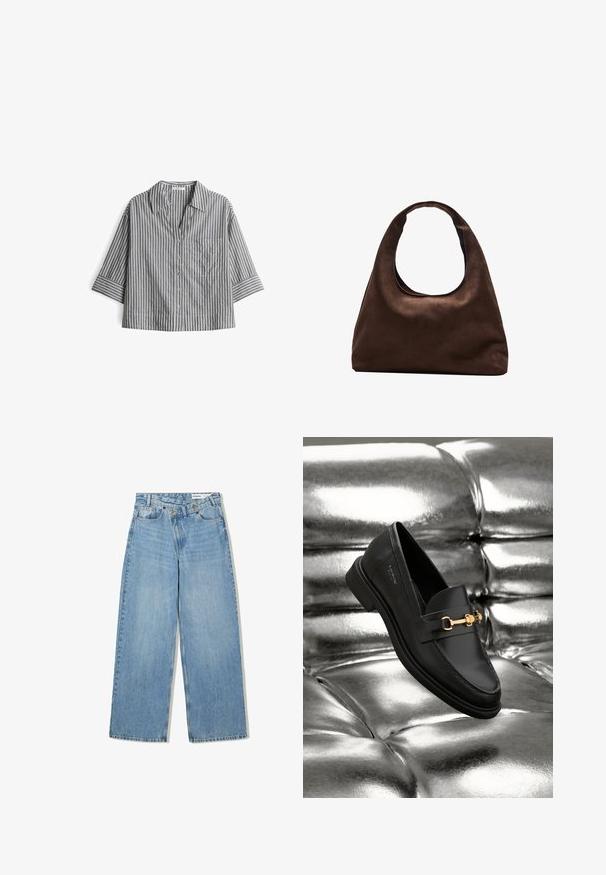 Gray and white striped short-sleeve shirt with a button front, collar, and left chest pocket. Fabric appears lightweight and textured.; Light blue wide-leg jeans made of denim, featuring a high waist, five pockets, button closure, and subtle fading for texture.; Black leather loafer with a gold-tone hardware detail. The shoe features a sleek design and a smooth, shiny texture.; Soft brown hobo-style handbag with a single wide strap and a curved top handle opening, displayed on a white background.