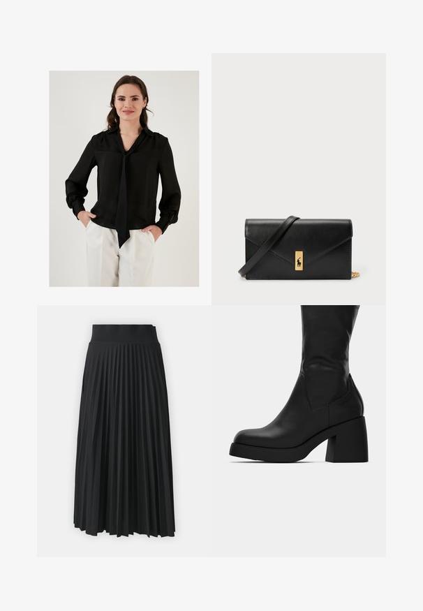 Czarna jedwabna bluzka z długimi rękawami, dekoltem w kształcie litery V oraz detalem w postaci wstążki przy kołnierzu. Posiada marszczone mankiety oraz gładką fakturę.; Czarna plisowana spódnica z szerokim pasem, z jednolitymi pionowymi fałdami przez całą długość. Gładka faktura i płynny krój.; Czarna skórzana botka do połowy łydki z masywnym słupkiem i okrągłym noskiem, przedstawiona w profilu bocznym na białym tle.; Czarny skórzany portfel z klapą, złotą okuciami, z akcentem logo. Zawiera odpinany pasek do noszenia.