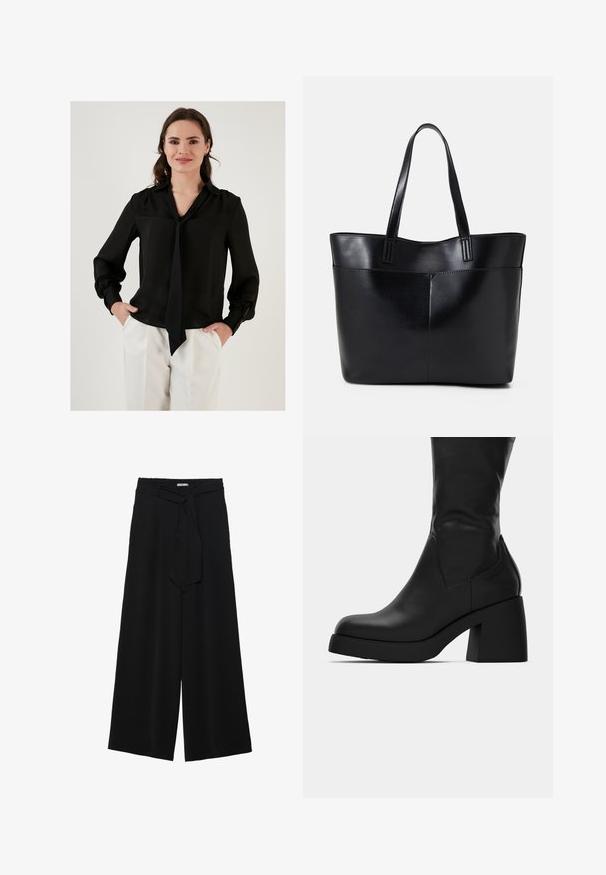 Black silk blouse with long sleeves, a V-neckline, and a tie detail at the collar. Features gathered cuffs and a smooth texture.; Black wide-leg pants featuring a textured fabric, an elastic waistband, and a detachable sash tie at the waist for adjustable fit.; Black mid-calf leather boot with chunky block heel and rounded toe, showing side profile on white background.; Black leather tote bag with two long handles, a smooth texture, and a structured shape. Features a front pocket for additional storage.