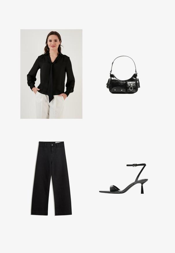 Schwarze Seidenbluse mit langen Ärmeln, einem V-Ausschnitt und einer Schleifenverzierung am Kragen. Mit gerafften Manschetten und einer glatten Textur.; Schwarze weit geschnittene Jeans mit hoher Taille, ausgestattet mit Vorder- und Hintertaschen, gesteppten Nähten und einem Knopfverschluss. Glatte Textur.; Bershka High Heel Sandalette - black; Schwarze Lackleder-Handtasche mit geschwungenem Design, einem Schulterriemen, Vordertaschen und silberfarbenen Hardware-Akzenten.