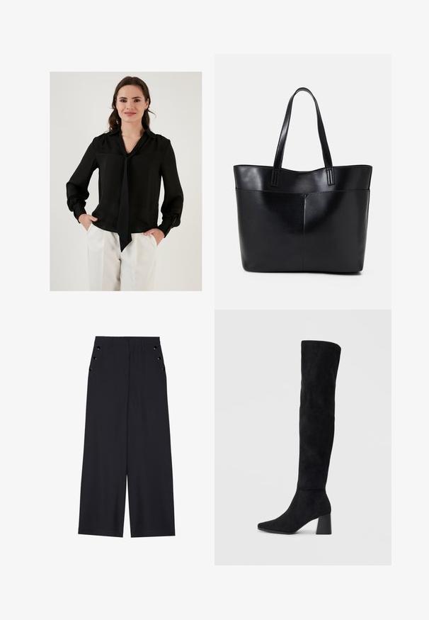 Čierna hodvábna blúzka s dlhými rukávmi, výstrihom do V a detailom na viazanie pri golieri. Má zberané manžety a hladký povrch.; Široké nohavice z tmavomodrého materiálu s hladkou textúrou, prednými skladmi a ozdobnými zlatými očkami na bočných vreckách.; Čierna semišová kozačka po kolená s blokovým podpätkom, špicatou špičkou a hladkým, bezšvovým dizajnom na jednoduchom svetlom pozadí.; Čierna kožená tote taška s dvoma dlhými rúčkami, hladkým povrchom a štruktúrovaným tvarom. Obsahuje prednú kapsu pre dodatočné uskladnenie.