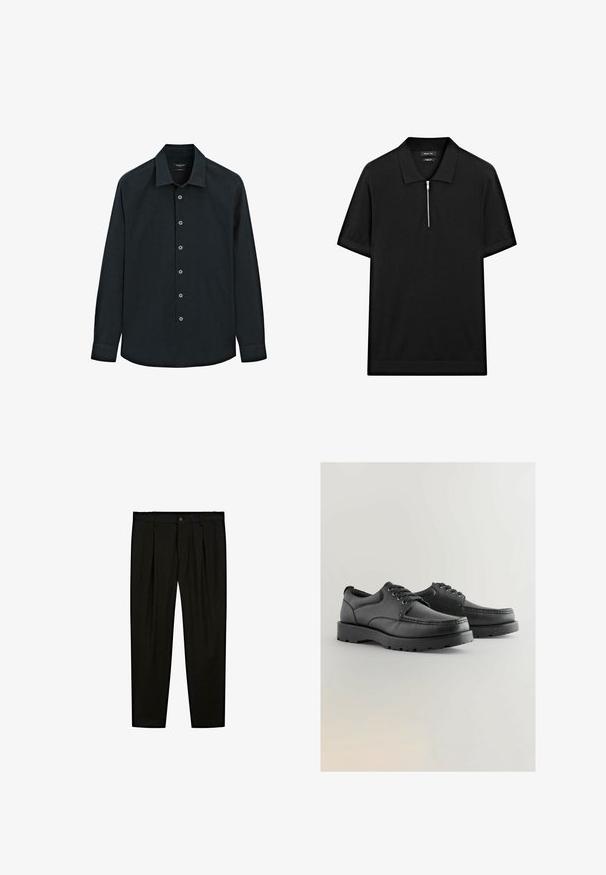 Schwarzes langärmliges Hemd mit Knopfverschluss und Kragen, sieben Knöpfe auf der Vorderseite und Manschetten, auf weißem Hintergrund präsentiert.; Schwarzes kurzärmliges Poloshirt mit Stehkragen und einem Reißverschluss vorne. Hergestellt aus einem glatten Stoff mit einem klaren, minimalistischen Design.; Schwarze maßgeschneiderte Hose aus glattem Stoff. Zu den Merkmalen gehören eine flache Vorderseite, weite Beine und ein Knopfverschluss am Taillenbund.; Schwarze Lederschuhe mit strukturiertem Obermaterial, runder Spitze, Schnürdesign und dicken Gummisohlen mit einem Profil.