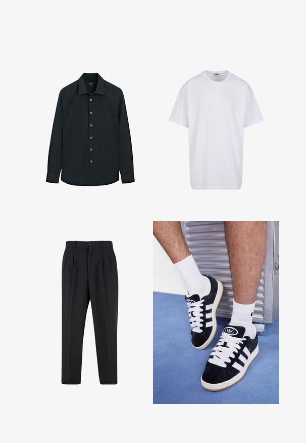 Chemise noire à manches longues avec col, sept boutons sur le devant et poignets, présentée sur fond blanc.; T-shirt en coton blanc avec des manches courtes, un col rond, une coupe décontractée et sans logos ni motifs visibles. Texture lisse et design minimaliste.; Pantalons noirs avec un design de devant plissé, fabriqués à partir d'un tissu lisse. Comprend une fermeture par bouton et des passants de ceinture ; coupe droite.; Baskets en suede noir avec des lacets blancs et trois rayures blanches. Présente un logo circulaire noir sur la languette et une semelle en caoutchouc beige.