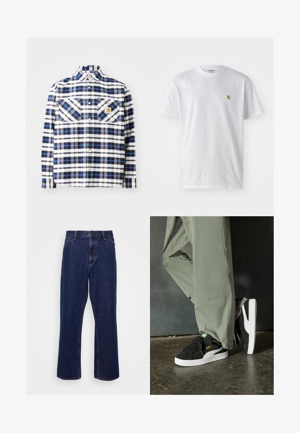 Kostkovaná košile v modro-bílých tónech, se dvěma předními kapsami, knoflíkovým zapínáním a sklopeným límcem. Vyrobena z lehké látky.; Bílé bavlněné tričko s krátkým rukávem a kulatým výstřihem, s malým zlatým logem na levé straně hrudi. Měkká textura a klasický střih.; Tmavě modré džíny s rovnými nohavicemi, s knoflíkovým zapínáním, pěti kapsami a jemnými švy.; Černé semišové tenisky s bílými gumovými podrážkami a bočními pruhy, spárované se světle zelenými cargo kalhotami, stojící na texturovaném tmavém povrchu.