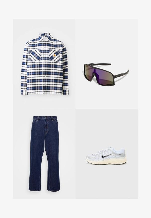 Koszula w kratę w niebiesko-białych odcieniach, z dwoma przednimi kieszeniami, zapięciem na guziki oraz złożonym kołnierzem. Wykonana z lekkiego materiału.; Ciemnoniebieskie dżinsy z prostymi nogawkami, z zapięciem na guzik, pięcioma kieszeniami i subtelnymi detalami haftu.; Białe siatkowe sneakersy z srebrnymi akcentami, czarnym logo Nike, wyściełanym kołnierzem i teksturowaną podeszwą. Posiadają warstwową konstrukcję dla większej stabilności.; Czarne sportowe okulary przeciwsłoneczne z dużymi, kanciastymi soczewkami w gradientowym odcieniu od fioletowego do szarego. Teksturowane czarne zauszniki dla lepszego chwytu.