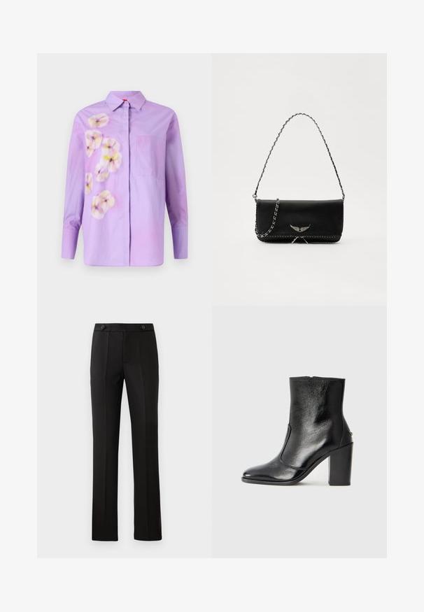 Vijolična srajca na gumbe z cvetličnim potiskom v mehkih odtenkih, z enim žepom na prsih in dolgimi rokavi. Gladek bombažen material.; Črne krojene hlače s ravnim nogavicam, dvema sprednjima žepoma, gumbom za zapiranje in nabranimi detajli spredaj. Gladka tekstura tkanine.; Črne usnjene gležnarske čevlje z gladko teksturo, koničastim nosom in debelim visokim petam. Imajo stransko odprtino in minimalističen dizajn.; Črna usnjena torbica s srebrnim verižnim ročajem, ki ima okrasne krilate poudarke in belo šivanje ob spodnjem šivu.