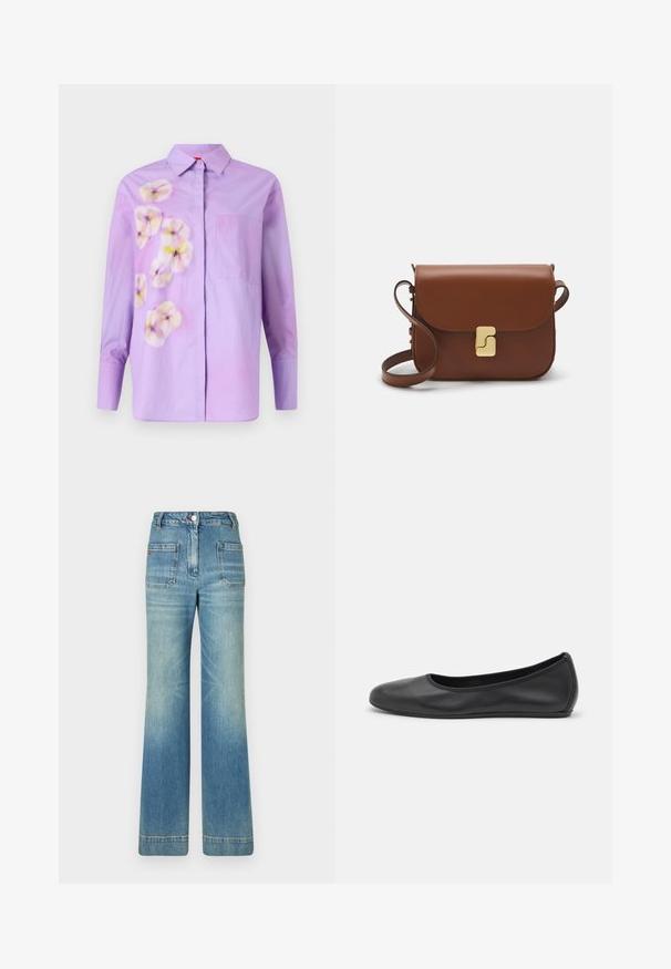 Purpurinė marškinėlių palaidinė su gėlėmis švelnių atspalvių, su viena krūtine kišenė ir ilgomis rankovėmis. Lygus medvilnės audinys.; Šviesiai mėlynos džinsinės platėjančios kelnės su penkiomis kišenėmis, diržo kilpojais, mygtuko uždarymu ir šiek tiek nusidėvėjusia struktūra, su raudonu logotipo akcentu ant nugaros.; Juodai odiniai baletai su apvaliu pirštu, lygi texture, minimalus siuvimo detales ir lanksčiu padų dizainu.; Ruda odinė rankinė su uždaromu dangteliu, aukso spalvos detalėmis, petneša ir lygiu paviršiumi. Kompaktiška stačiakampio formos.