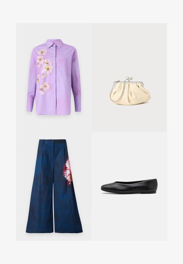 Lila Hemd mit Knopfleiste, das über ein Blumenmuster in sanften Farbtönen verfügt. Mit einer einzelnen Brusttasche und langen Ärmeln. Aus glattem Baumwollstoff.; Weite Hosen aus dunkelblauem Stoff mit einem floralen Muster in Rosa und Gelb auf einer Seite und einem Knopfverschluss an der Taille.; Paul Smith TOPANGA - Klassischer Ballerina - black; Faltige beigefarbene Ledertasche mit einem silbernen Metallrahmen, ausgestattet mit zwei runden dekorativen Verschlüssen und einem silbernen Kettenriemen.