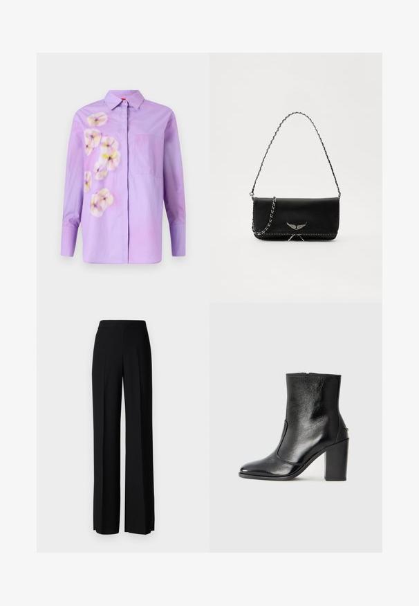Camisa de botones morada con estampado floral en tonos suaves, con un bolsillo en el pecho y mangas largas. Tejido de algodón suave.; Pantalones de pierna ancha negros con una textura suave, que presentan una cintura alta y pliegues centrales. Sin patrones visibles ni detalles de hardware.; Botín negro de cuero con textura suave, puntera puntiaguda y un tacón alto y robusto. Presenta una apertura lateral y un diseño minimalista.; Bolso de mano de cuero negro con una correa de cadena plateada, que presenta acentos decorativos en forma de alas y costuras blancas a lo largo de la costura inferior.