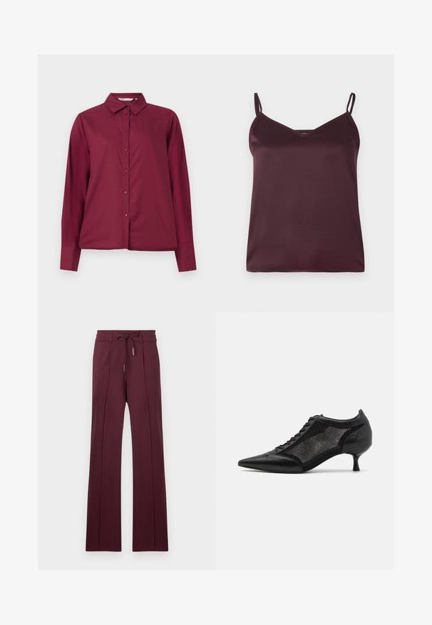 Burgundy long-sleeve shirt made of smooth fabric, with a button-up front and a classic collar. Features matching buttons and a relaxed fit.; Burgundy satin camisole with thin adjustable straps and a V-neckline. Smooth texture, simple design, and no visible patterns or accents.; Burgundy wide-leg trousers made of soft fabric with a drawstring waistband and front pleats. Flat hem and smooth texture.; Black pointed-toe shoe with a mesh panel design, featuring a low heel and lace-up front. Made from a combination of leather and mesh material.