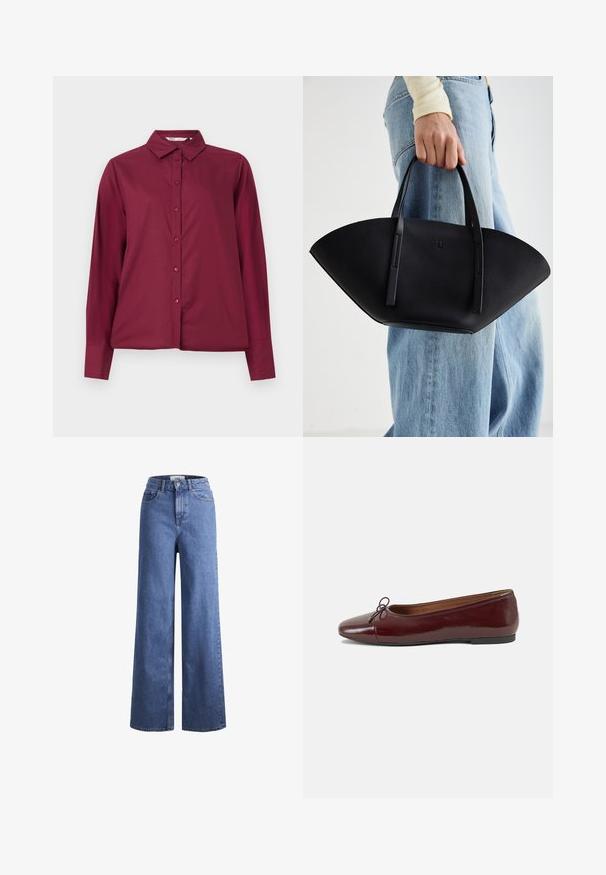 Burgundy színű, hosszú ujjú ing sima anyagból, gombos elejével és klasszikus gallérral. Hasonló színű gombokkal és laza szabással rendelkezik.; Világoskék, széles szárú farmernadrág magas derékkal, két elülső zsebbel és látható varrással. Gombos és cipzáros záródás.; Burgundi lakkbőr balettcipő kerek orral, elöl kis masni díszítéssel és alacsony, fekete gumi talppal. Simára csiszolt felület.; Fekete bőr kézitáska egyedi legyezőformával, lapos füllel. A felülete kőriszerű textúrájú és minimalista dizájnnal rendelkezik.