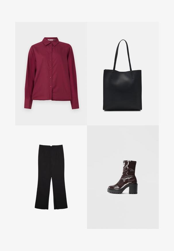 Bordeaux-farbenes Langarmhemd aus glattem Stoff, mit durchgehender Knopfleiste und klassischem Kragen. Verfügt über passende Knöpfe und einen lockeren Schnitt.; Schwarze Hose mit geradem Schnitt, ausgestattet mit Fronttaschen und Seitenschlitzen am Saum. Hergestellt aus weichem, glattem Stoff. Geeignet für verschiedene Anlässe.; Glatte bordeauxrote Ankle Boots mit einem klobigen schwarzen Absatz, die eine glatte Oberfläche und ein einfaches Design aufweisen. Keine sichtbaren Verschlüsse oder Muster.; Schwarze Laptoptasche aus Leder mit glatter Textur, rechteckiger Form und zwei langen Griffen. Keine sichtbaren Beschläge oder Verzierungen.