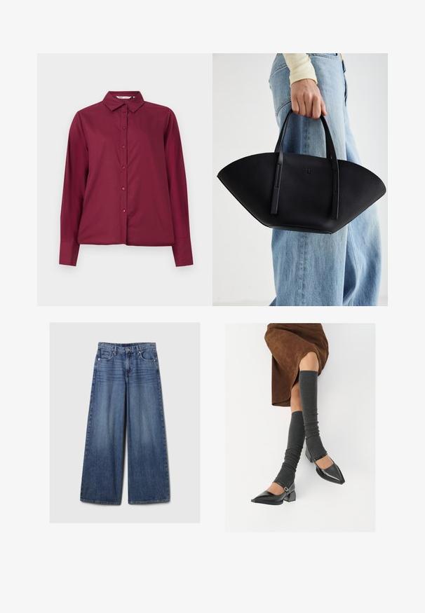 Burgundi pikkade varrukatega särk on valmistatud siledast kangast, nööpidest ees ja klassikalise kraega. Omab sobivaid nuppe ja mõnusat lõikesuundi.; Laiad sinised denimpüksid, millel on pleekinud viimistlus, nupp ja lukuga sulgemine, viis taskut ning vööaasad.; Mustad patsaline odav värviga kingad, millel on kreen ja pahkluuring, on paaritatud hallide ribakudumitega sääremiidega ja pruunist nahast seelikuga.; Must mustra kott, millel on unikaalne fännikujuline disain, millel on lapikud käepidemed. Pinna tekstuur on kivikujuline ja disain on minimalistlik.