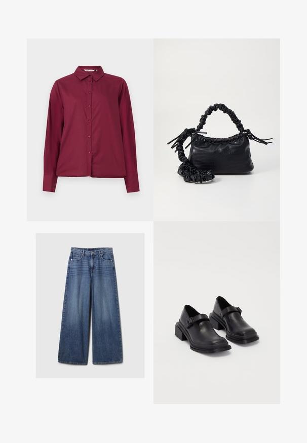 Burgundy színű, hosszú ujjú ing sima anyagból, gombos elejével és klasszikus gallérral. Hasonló színű gombokkal és laza szabással rendelkezik.; Széles lábú kék farmernadrág elhalványodott felülettel, gombos és cipzáras záródással, öt zsebbel és övhurkokkal.; Fekete bőr cipők lekerekített orral, lapos talppal és csattal díszített pánttal. Masszív blokk talp a megnövelt stabilitásért.; Fekete műbőr kézi táska krokodil bőr textúrával, összehúzható tetejű és gyűrt pánttal. Lágy és kompakt dizájnúnak tűnik.
