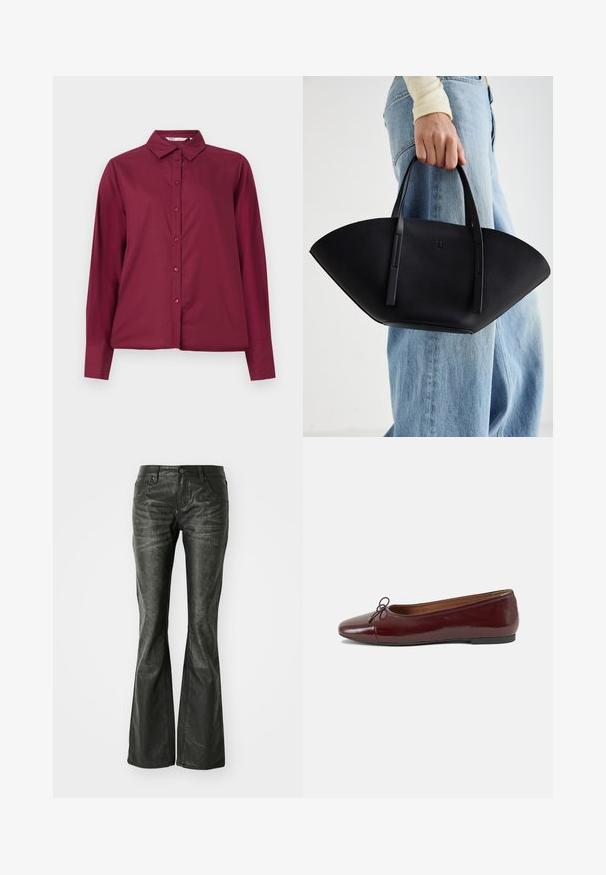 Burgundy long-sleeve shirt made of smooth fabric, with a button-up front and a classic collar. Features matching buttons and a relaxed fit.; Black faux leather flared jeans with front pockets, a metal button closure, and a slightly textured surface. Straight leg with a long cut.; Burgundy patent leather ballet flat with a rounded toe, small bow accent at the front, and a low, black rubber sole. Smooth texture.; Black leather handbag with a unique fan shape, featuring flat handles. The surface has a pebbled texture and a minimalistic design.