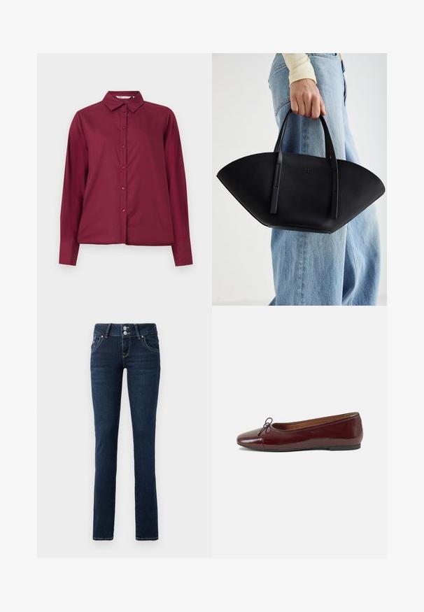 Burgundy színű, hosszú ujjú ing sima anyagból, gombos elejével és klasszikus gallérral. Hasonló színű gombokkal és laza szabással rendelkezik.; Sötétkék skinny farmernadrág dupla gombos zárással, elülső zsebekkel és sárga varrással fehér háttér előtt.; Burgundi lakkbőr balettcipő kerek orral, elöl kis masni díszítéssel és alacsony, fekete gumi talppal. Simára csiszolt felület.; Fekete bőr kézitáska egyedi legyezőformával, lapos füllel. A felülete kőriszerű textúrájú és minimalista dizájnnal rendelkezik.