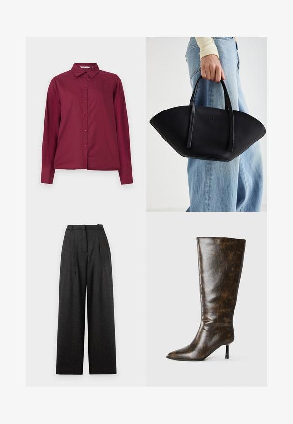 Bordeaux skjorte med lange ermer laget av glatt stoff, med knappestolpe foran og klassisk krage. Har matchende knapper og en avslappet passform.; Videbukser i mørkegrå rutete mønster, med høy midje, folder og en strukturert passform. Laget av teksturert stoff.; Brun slitt lær knehøye støvler med spiss tå og tynn stilettahæl på hvit bakgrunn.; Svart skinnveske med en unik vifteform, med flate håndtak. Overflaten har en pebblelignende tekstur og et minimalistisk design.