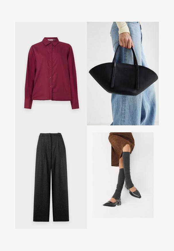 Burgundijas krāsas garām piedurknēm krekls, izgatavots no gludas auduma, ar pogājamu priekšu un klasisku apkakli. Piedāvā atbilstošas pogas un brīvu piegulšanu.; Platas kājas bikses tumši pelēkā rūtainā rakstā, ar augstu jostas līniju, krokām un strukturētu piegriezumu. Izgatavotas no teksturēta auduma.; Melnas laka ādas apavi ar norādītu purngalu, blokveida papēdi un potīšu jostu, saskaņoti ar pelēkām ribotām kāju sildītājām un brūnu zamšādas svārku.; Melnas ādas rokassoma ar unikālu ventilatora formu, aprīkota ar plakaniem rokturiem. Virsma ir ar graudainu faktūru un minimālistisku dizainu.