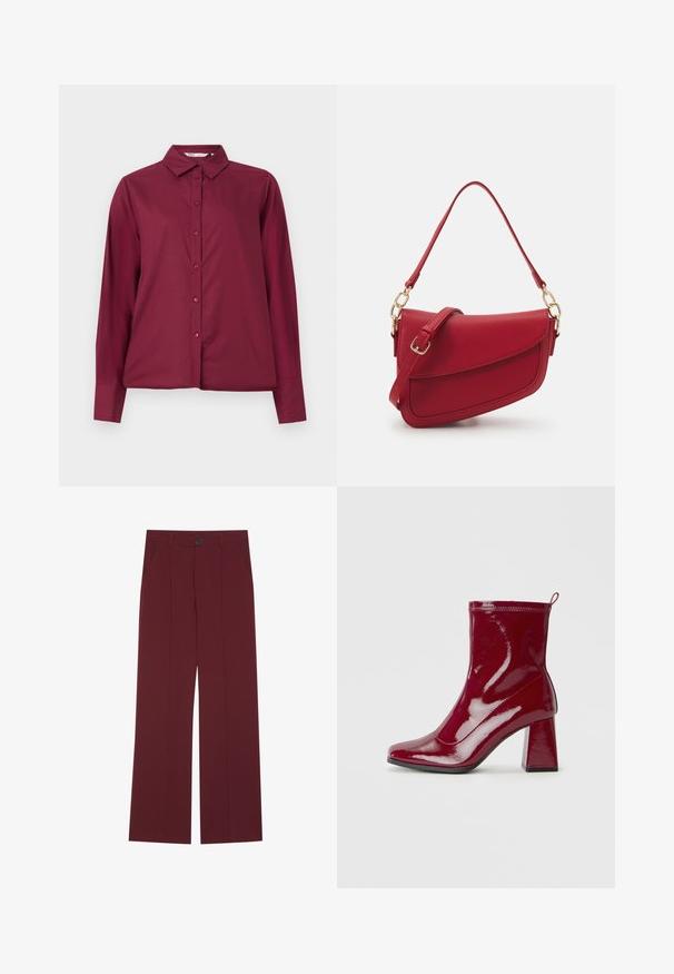 Burgundy long-sleeve shirt made of smooth fabric, with a button-up front and a classic collar. Features matching buttons and a relaxed fit.; Burgundy trousers with a wide leg design, featuring a button closure, two side pockets, and creased front detailing. Smooth fabric texture.; Burgundy patent leather ankle boots with square heels, smooth texture, subtle stitching, and a back loop for easy wear.; Red textured leather shoulder bag with a long strap and gold hardware, featuring a curved flap closure and a structured silhouette.