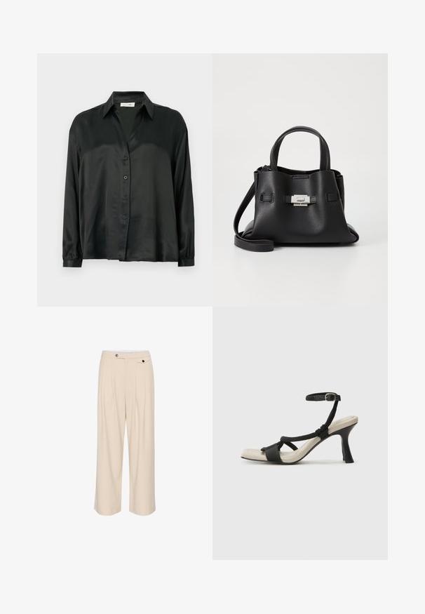 Camisa de satén negra con un frente abotonado, mangas largas con puños elásticos y un collar clásico. Textura suave con un diseño minimalista.; Pantalones de pierna ancha beige con parte delantera plana, dos bolsillos laterales, cierre de botón y detalle de plisado para añadir textura y diseño.; Sanda¡ía de tacón negro con diseño de tira trenzada, punta cuadrada y correa ajustable en el tobillo. Plantilla de color beige claro con un tacón negro brillante.; Bolso de mano de cuero negro con un acabado texturizado, que cuenta con dos asas superiores, una correa de hombro desmontable y un detalle de broche plateado.