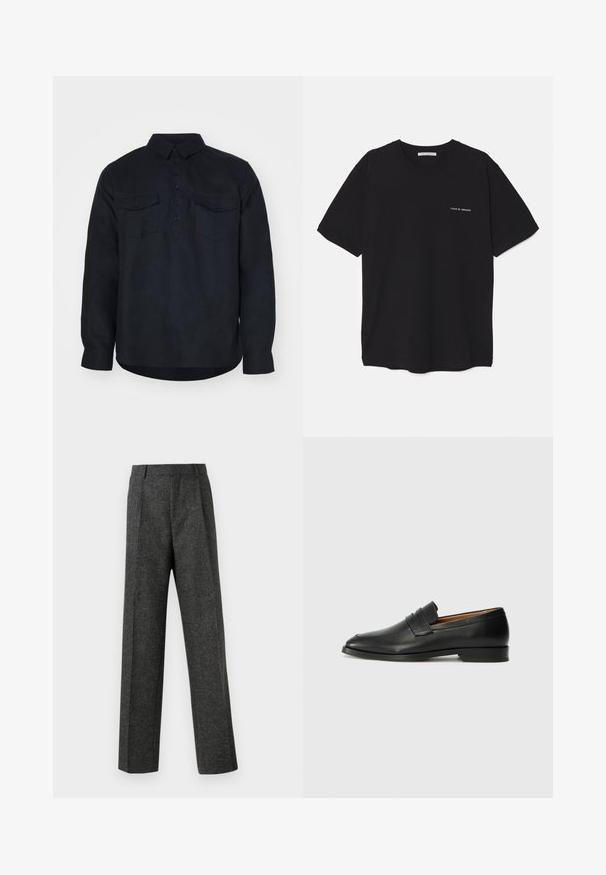Tmavě modrá košile s dlouhými rukávy vyrobená z texturované látky, s knoflíkovou přední částí, dvěma náprsními kapsami a klasickým límečkem.; Černé bavlněné tričko s kulatým výstřihem, krátkými rukávy a bílým logem potisknutým na levé straně hrudi. Jednoduchý, jednobarevný design.; Šedé kalhoty na míru vyrobené z texturované tkaniny, s dvěma předními záhyby a rovnými nohavicemi. Bez viditelných kapes nebo ozdob.; Černé kožené mokasíny s kulatou špičkou, jemným prošíváním a nízkým podpatkem, s hladkým povrchem a minimalistickým designem.