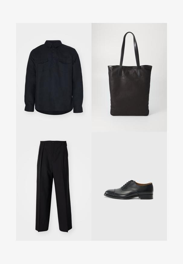 Tumši zils krekls ar garām piedurknēm, izgatavots no strukturētas auduma, ar pogātu priekšpusi, divām krūšu kabatām un klasisku apkakli.; Melnas plisētās bikses ar taisnu, plata kāja dizainu. Izgatavotas no gludas auduma, ar pogu aizdari un jostas cilpiņām.; Melna ādas kleitkurpe ar gludu virsmu, noapaļota purngala, piecām acīm šņorēšanai un zemu bloku papēdi. Minimalistisks dizains ar smalku adījumu.; Melnas auduma iepirkumu soma ar melnām ādas rokturiem. Vienkāršs dizains, plaša forma un gluda tekstūra. Nav redzamu logo vai rakstu.