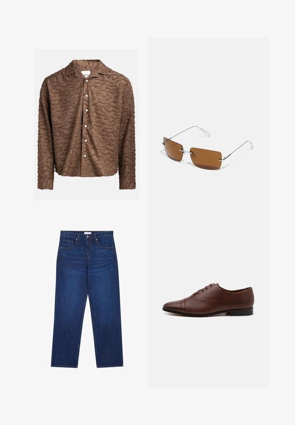 Hnědá košilová košile s texturovaným vírovým vzorem, lehký materiál, dlouhé rukávy a bílé knoflíky po předním zapínání.; Džínové kalhoty v tmavě modré barvě se střihem rovného nohavice, s knoflíkovým a zipovým zapínáním, pěti kapsami a viditelnými švy.; Hnědé kožené šněrovací boty s hladkou texturou, špičatou špičkou a nízkým černým podpatkem. Obsahují jemný šev přes svršek.; Hnědé obdélníkové sluneční brýle s tenkými stříbrnými drátěnými rámy a podpěrami nosu. Sklíčka jsou plochá a mírně tónovaná.
