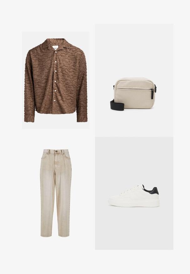 Hnedá košeľa na gombíky s textúrovaným vírivým vzorom, ľahká tkanina, dlhé rukávy a biele gombíky na prednej strane na zapínanie.; Béžové denimové nohavice so rovnými nohavicami, predné vrecká a zapínanie na horný gombík. Majú vyšívané detaily pozdĺž švov.; Biele kožené tenisky s embosovaným vzorom, štruktúrovanou bielou medzipodrážkou a čiernym akcentom na päte. Majú zaoblenú špičku a ploché šnúrky.; Kremovo sfarbená kordová crossbody taška s čiernym zipsom, odnímateľným popruhom a textúrovaným vzorom. Obsahuje jednu hlavnú priehradku a predný vrecko.