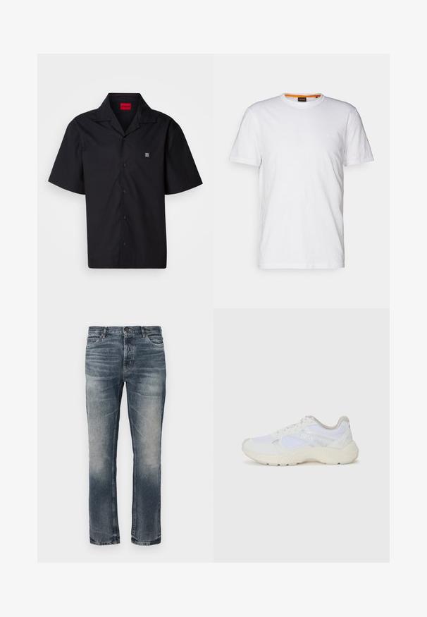 Cămașă neagră cu mâneci scurte, din bumbac. Prezintă un guler ascuțit, închidere cu nasturi în față și un mic logo pe pieptul stâng. Textură netedă.; Tricou alb din bumbac, cu guler rotund, mâneci scurte și un logo subtil embosat pe piept. Eticheta interioară are un accent portocaliu.; Jeanși din denim albastru cu croială dreaptă. Zone ușor decolorate, design clasic cu cinci buzunare și un singur nasture metalic la talie.; Adidași albi, din plasă și piele întoarsă, cu o talpă intermediară texturată, accente texturate și logo-ul "HUGO" pe lateral.