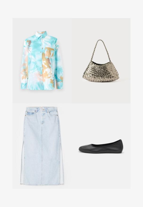 Camisa de manga larga con cuello en azul claro con estampado floral abstracto en marrón y crema. Cuenta con un bolsillo frontal y cierre de botón.; Falda maxi de mezclilla azul claro con corte recto, que presenta aberturas laterales y diseño de cinco bolsillos. Costuras prominentes y cierre de botón metálico.; Bailarina de piel negra con punta redondeada, textura suave, detalle de costura minimalista y diseño de suela flexible.; Bolso de mano metálico tejido con forma triangular, cuenta con una correa trenzada y un interior forrado de terciopelo. Color: plata. Textura: suave y similar a tela.