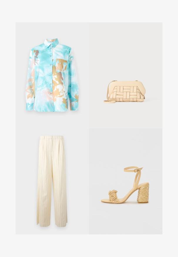 Camicia a maniche lunghe con colletto in azzurro chiaro, con stampa floreale astratta in marrone e crema. Presenta una tasca frontale e chiusura con bottoni.; Pantaloni a gamba larga color crema con righe verticali blu navy, caratterizzati da una parte frontale plissettata e un tessuto liscio e leggermente strutturato.; Sandalo beige con tacco alto e texture intrecciata, dotato di un fiore decorativo e di una cinghia alla caviglia. Il tacco quadrato offre stabilità.; Borsa beige intrecciata con un design strutturato, dotata di una parte superiore liscia e di una lunga tracolla. I dettagli testurizzati arricchiscono l'aspetto complessivo.